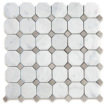 Carrara White Octagon Mosaic w/ Blue-Gray Dots Polished 