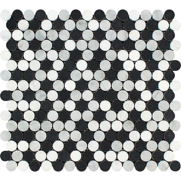 Carrara White Penny-Round Mosaic (Thassos + Black) Polished 