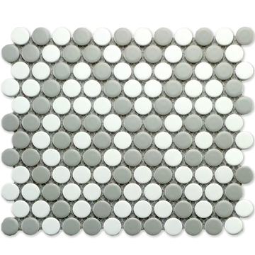 CC Mosaics 9”x10” Penny Round Matte Porcelain Mosaic Tile Grey White