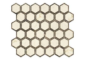 Crema Marfil Polished w/ Emp Dark Vortex Hexagon Mosaic Tile 2"