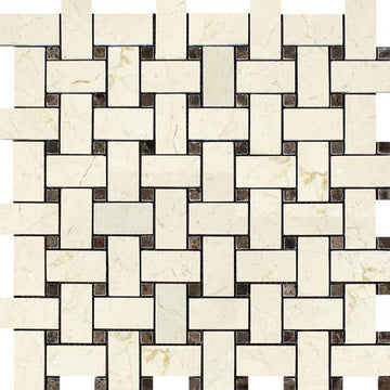 Crema Marfil Polished Basketweave Mosaic w/ Emp. Dark Dots Tile