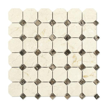 Crema Marfil Polished Octagon Mosaic w/ Emp. Dark Dots Tile