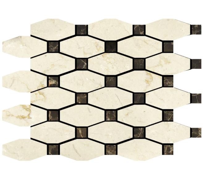 Crema Marfil Long Octagon Polished w/ Emp. Dark Mosaic Tile