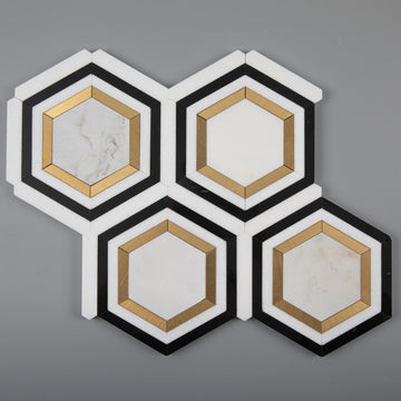 Calacatta Gold Marble Hexagon w/ Black & Brass - Polished Mosaic Tile