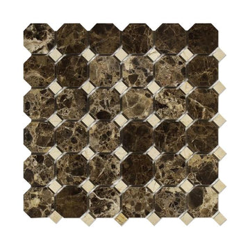 Emperador Dark Polished w/ C. Marfil Dots Octagon Mosaic Tile