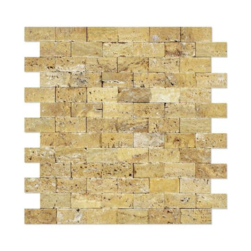 Gold Travertine Split Faced Brick Mosaic Wall Tile 1x2"