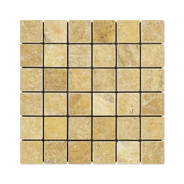 Gold Travertine Tumbled Square Mosaic Tile 2x2"