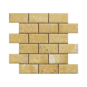 Azulejo de pared de mosaico de ladrillo biselado profundo pulido travertino dorado 2x4