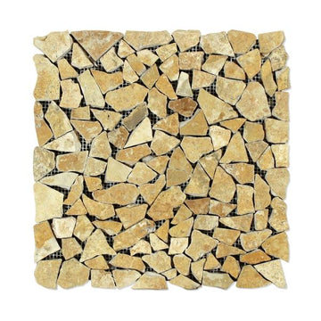 Azulejo de mosaico de piso de guijarros planos caídos de travertino dorado