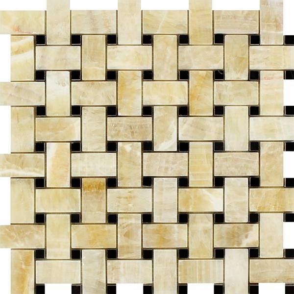 Honey Onyx Polished Basketweave w/ Black Dots Mosaic Tile