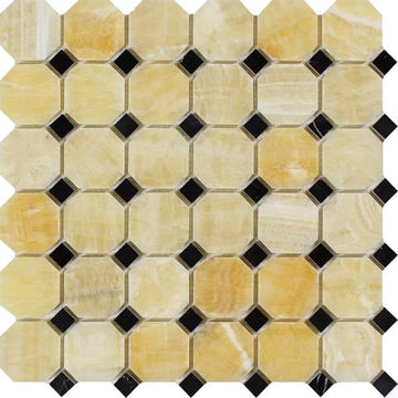 Honey Onyx Polished Octagon w/ Black Dots Mosaic Tile