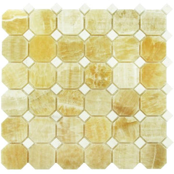 Honey Onyx Polished Octagon w/ White Dots Mosaic Tile