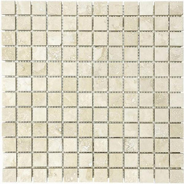 Ivory Travertine Filled & Honed Mosaic Tile 1x1"