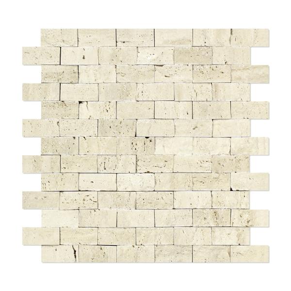 Ivory Travertine Split Faced Brick Mosaic Tile 1x2"