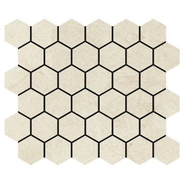 Ivory Travertine Tumbled Hexagon Mosaic Tile 2x2"