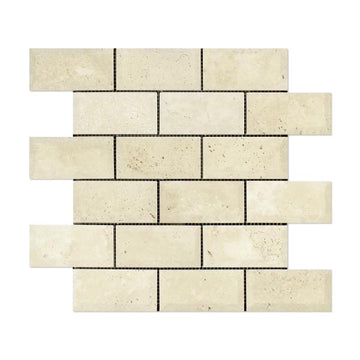 Ivory Travertine Honed Deep Beveled Brick Mosaic Wall Tile 2x4"