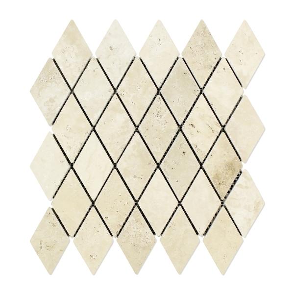 Ivory Travertine Tumbled Diamond Mosaic Tile 2x4"