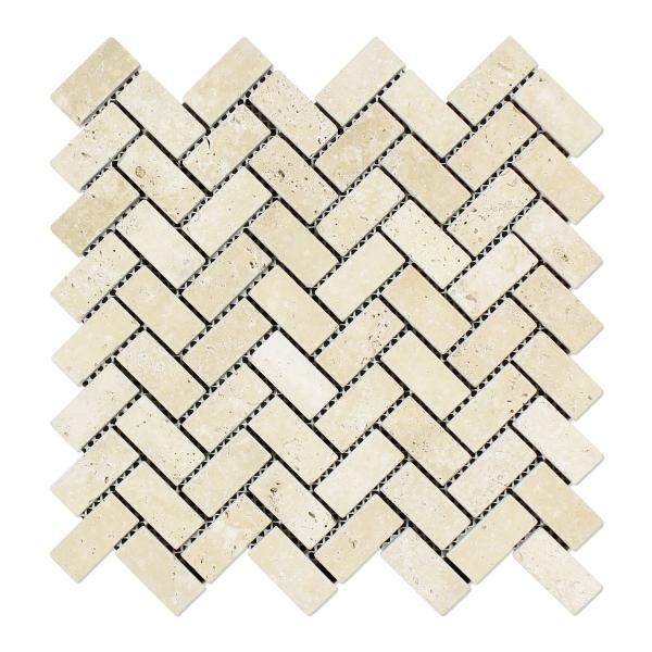 Ivory Travertine Tumbled Herringbone Mosaic Tile 1x2"