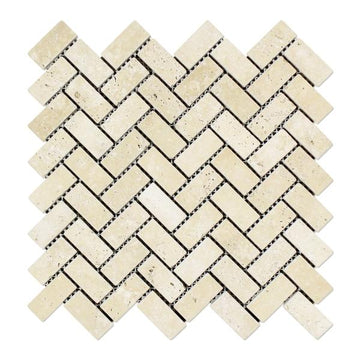 Azulejo de mosaico de espiga en Tumbled travertino marfil 1x2