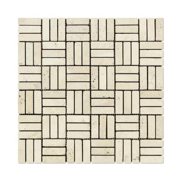 Ivory Travertine Tumbled Triple Strip Mosaic Tile 5/8x2"