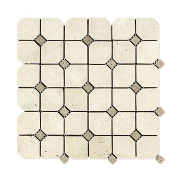 Ivory Travertine Tumbled Octagon w/ Noce Dots Mosaic Tile