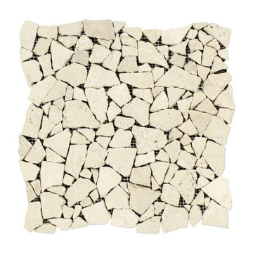 Azulejo de piso de mosaico de guijarros planos caídos de travertino marfil