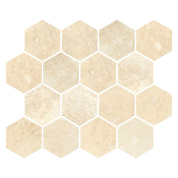 Azulejo de mosaico hexagonal con relleno de travertino marfil y afilado con piedra 2x2