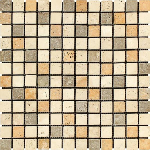 Mixed Travertine Tumbled Square Mosaic Tile 1x1"
