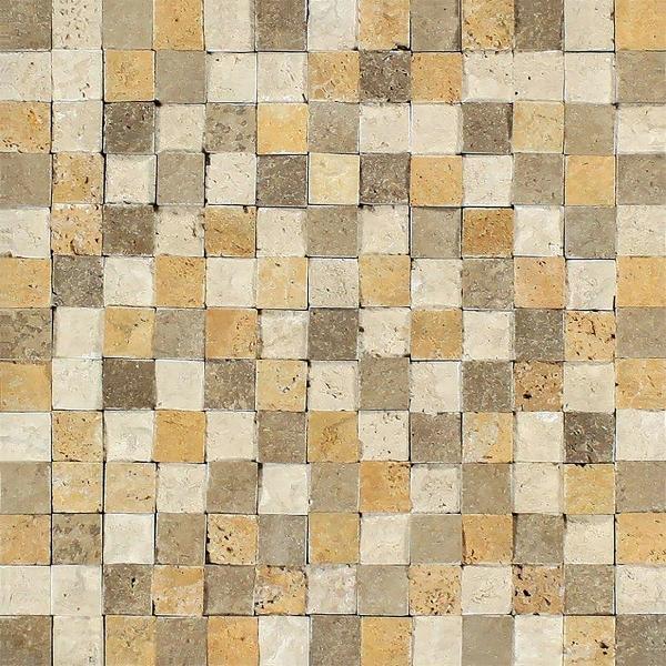 Mixed Travertine Split Faced Square Mosaic Wall Tile 1x1"