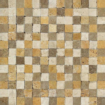 Mixed Travertine Split Faced 3D Square Mosaic Wall Tile 1x1"