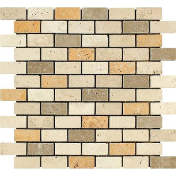 Mixed Travertine Tumbled Brick Wall and Floor Mosaic Tile 1x2