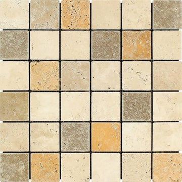 Mixed Travertine Tumbled Square Mosaic Tile 2x2"