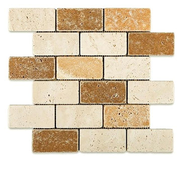 Mixed Travertine Tumbled Brick Mosaic Wall and Floor Tile 2x4"
