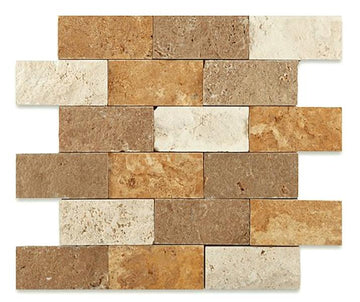 Mixed Travertine Split Faced Brick Mosaic Wall Tile 2x4"