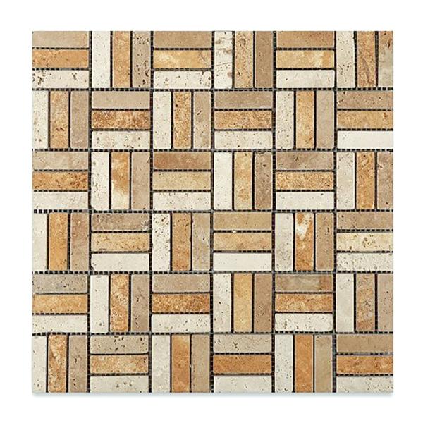 Mixed Travertine Tumbled Triple Strip Mosaic Tile