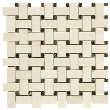 Noble White Cream Basketweave w/ Emp. Dark Dots Mosaic Tile