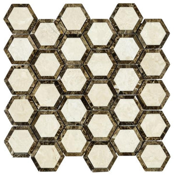 Noble White Cream Vortex Hexagon w/ Emp. Dark Mosaic Tile 2"