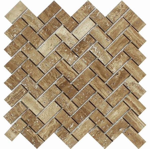 Noce Exotic Travertine Herringbone Mosaic Tile 1x2"