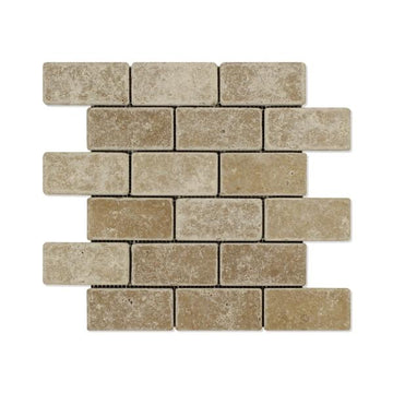 Noce Travertine Tumbled Brick Mosaic Tile 2x4