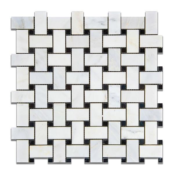 Oriental White Basketweave w/ Black Dots Mosaic Tile