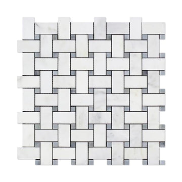 Oriental White Basketweave w/ Blue - Gray Dots Mosaic Tile
