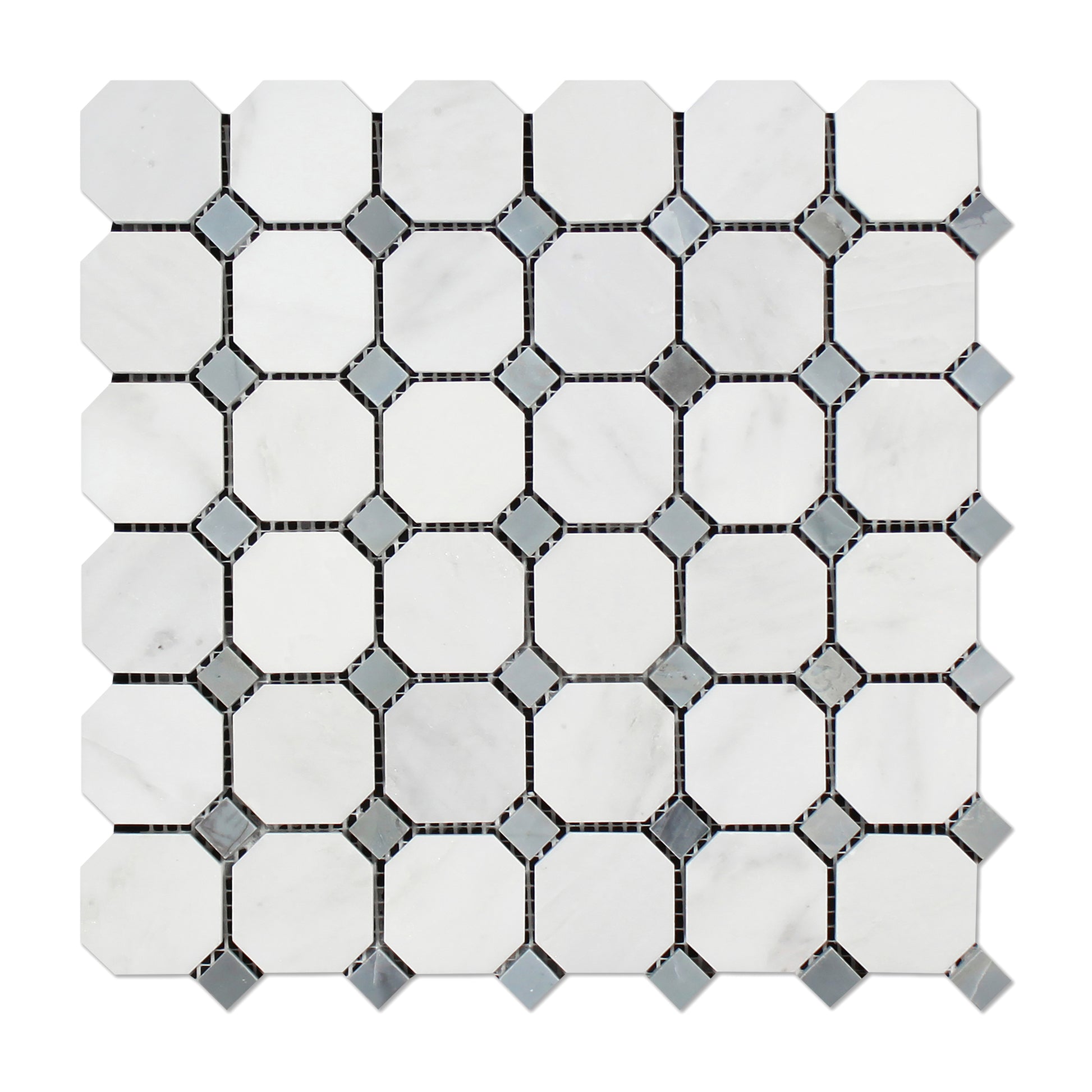Oriental White Octagon w/ Blue - Gray Dots Mosaic Tile
