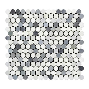 Oriental White Penny Round w/ Blue - Grey Mosaic Tile