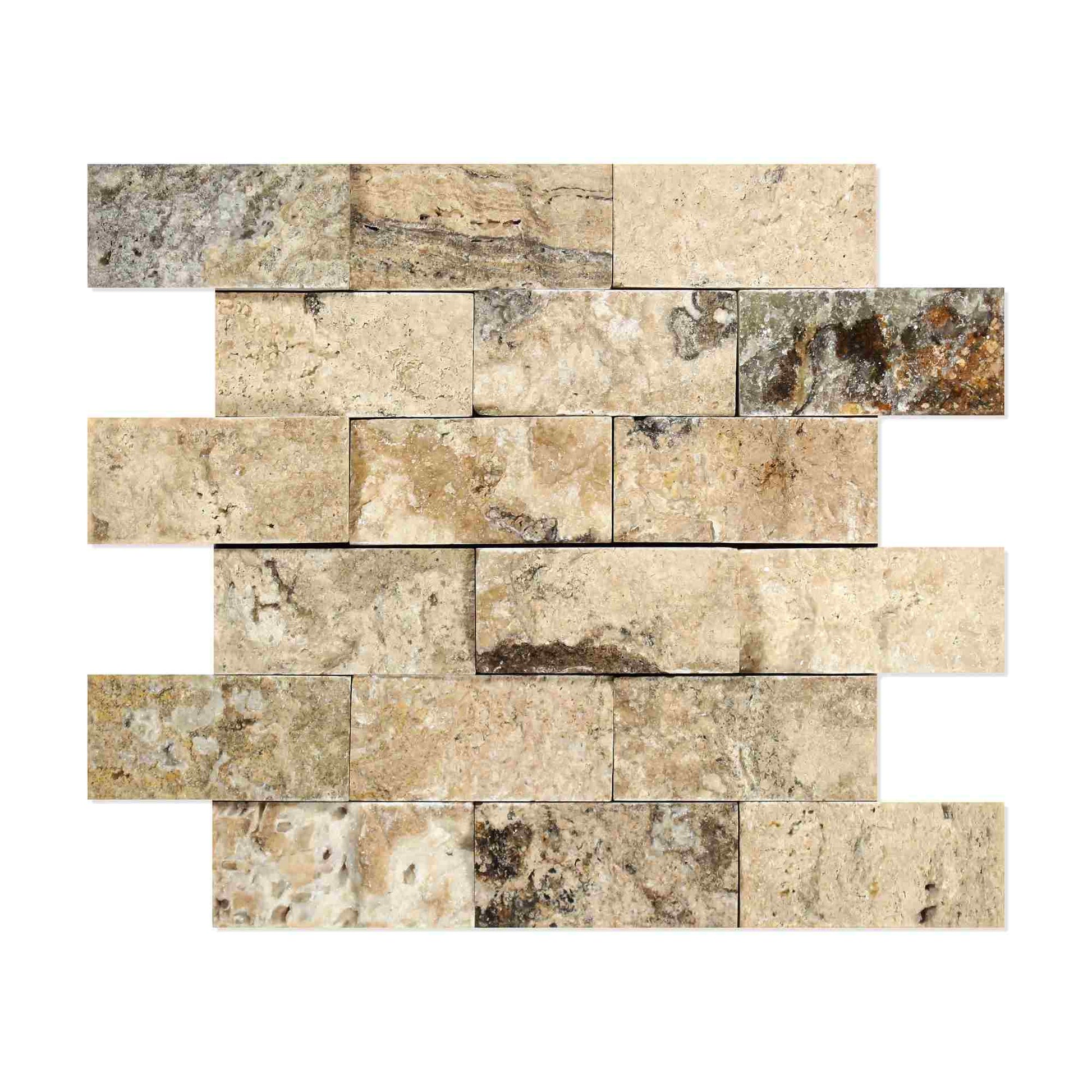 Philadelphia Travertine Split Faced Brick Mosaic Tile 2x4"