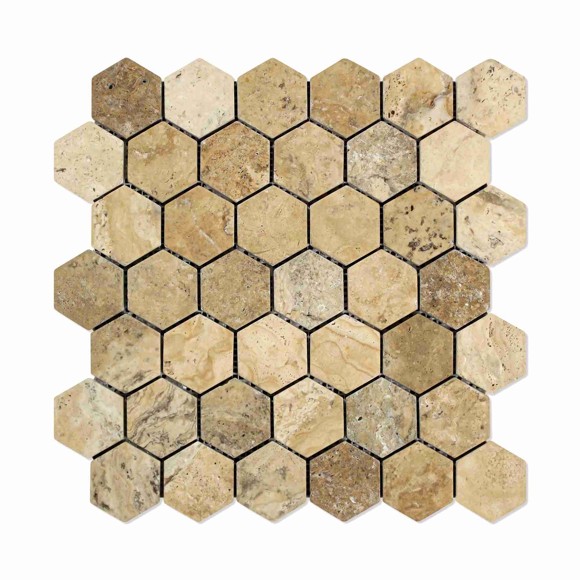 Philadelphia Travertine Tumbled Hexagon Mosaic Tile 2x2"