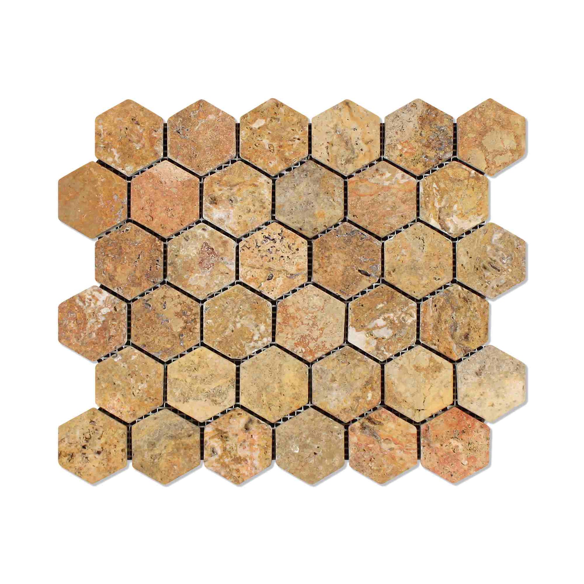 Scabos Travertine Tumbled Hexagon Mosaic Tile 2x2"