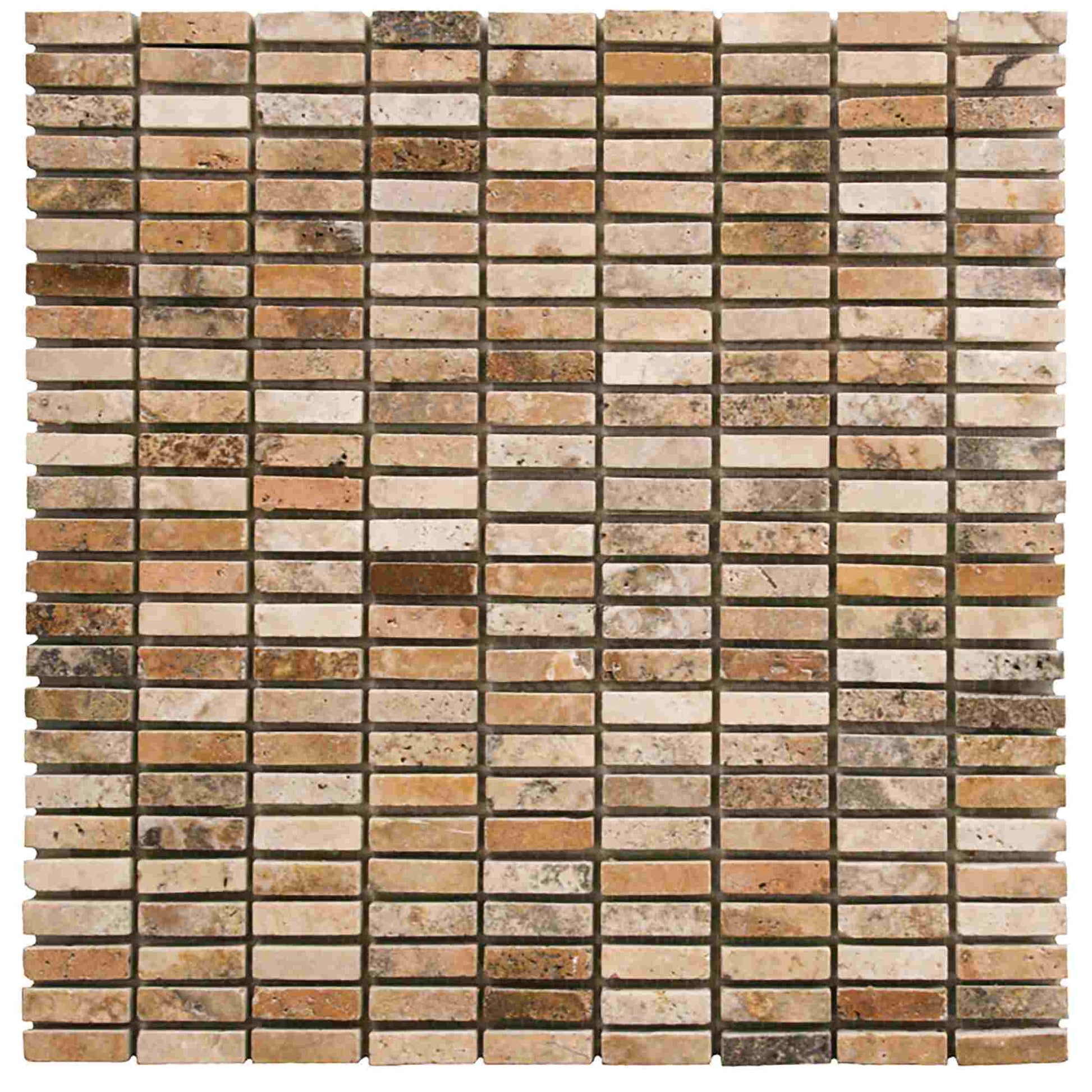 Scabos Travertine Tumbled Single Strip Mosaic Tile 5/8x2"