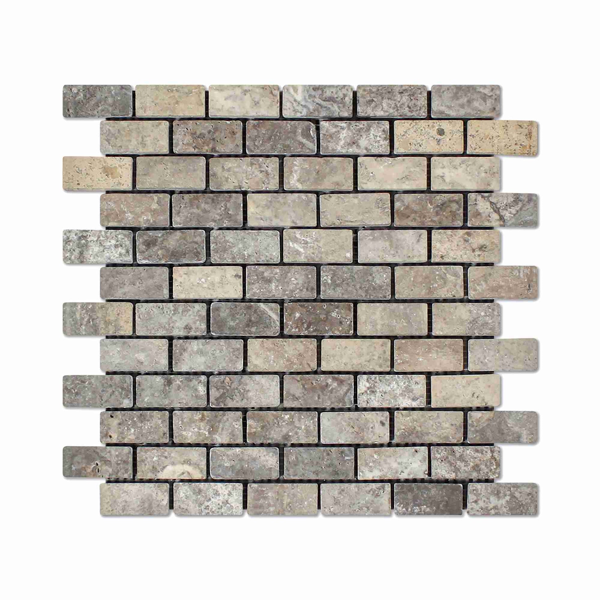 Silver Travertine Tumbled Brick Mosaic Tile 1x2"