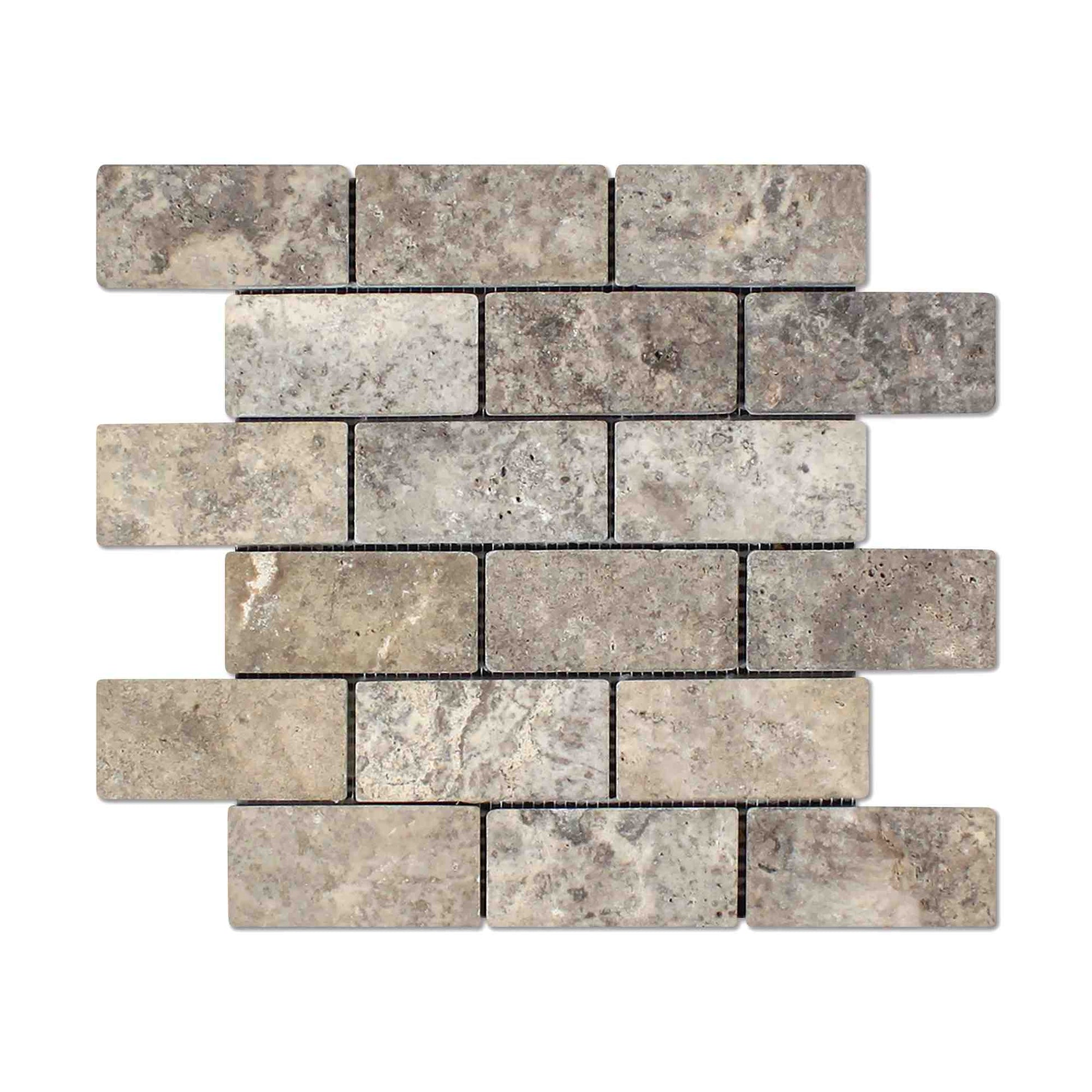 Silver Travertine Tumbled Brick Mosaic Tile 2x4"