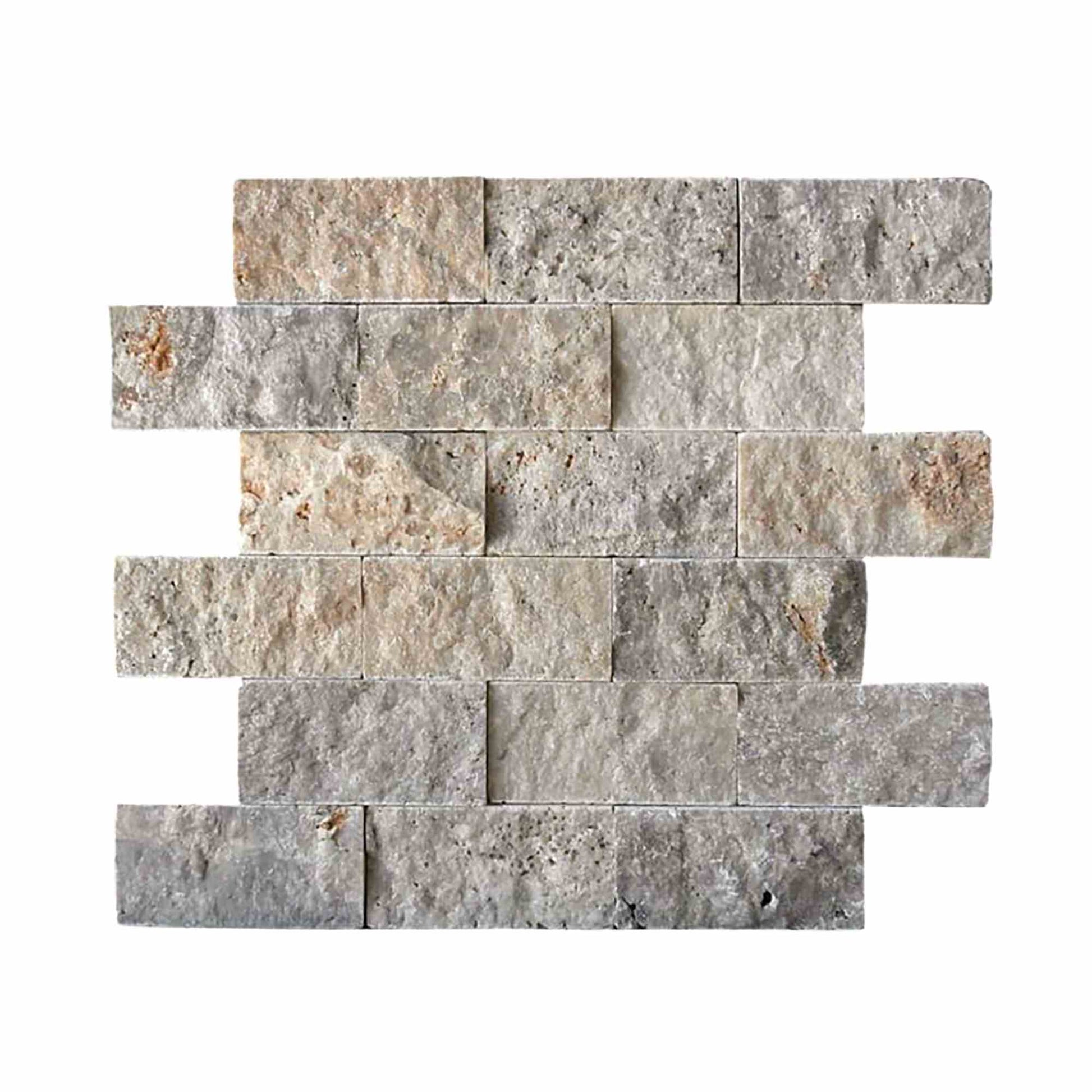 Silver Travertine Split Faced Brick Mosaic Tile 2x4"